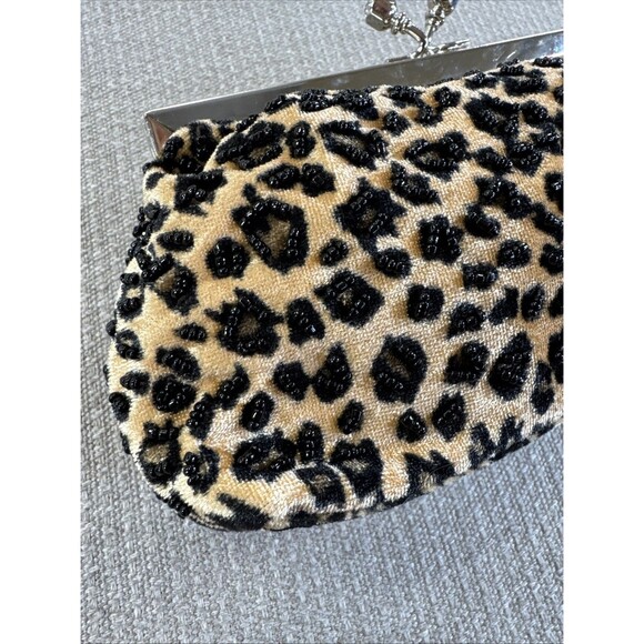 Vintage 90s Leopard Velvet Beaded Purse Chain Strap Evening Handbag Party Clutch - Picture 8 of 9